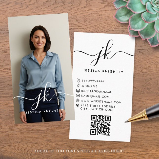 Tarjeta De Visita Elegante Script Monograma Foto Código QR (Subido por el creador)