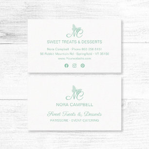 Tarjeta De Visita Elegante Script Monograma Mint Mariposa Verde