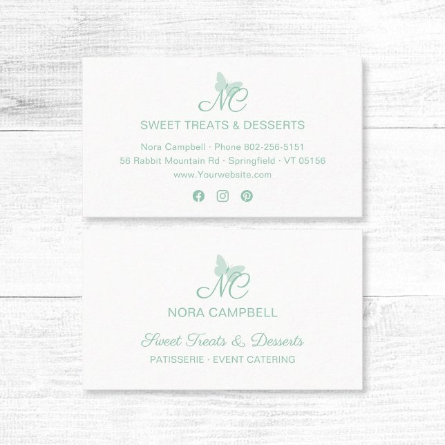 Tarjeta De Visita Elegante Script Monograma Mint Mariposa Verde (Modern, elegant mint green typography, butterfly monogram business card with social media icons.)