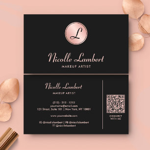Tarjeta De Visita Elegante Script Monograma QR Código Rosa Oro Negro