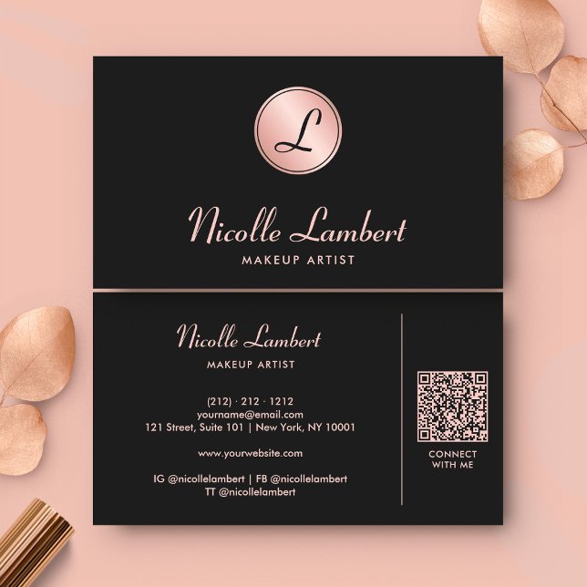Tarjeta De Visita Elegante Script Monograma QR Código Rosa Oro Negro (Subido por el creador)