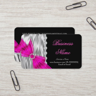 Tarjeta De Visita Elegante seda negra plateada con lazo rosa calient
