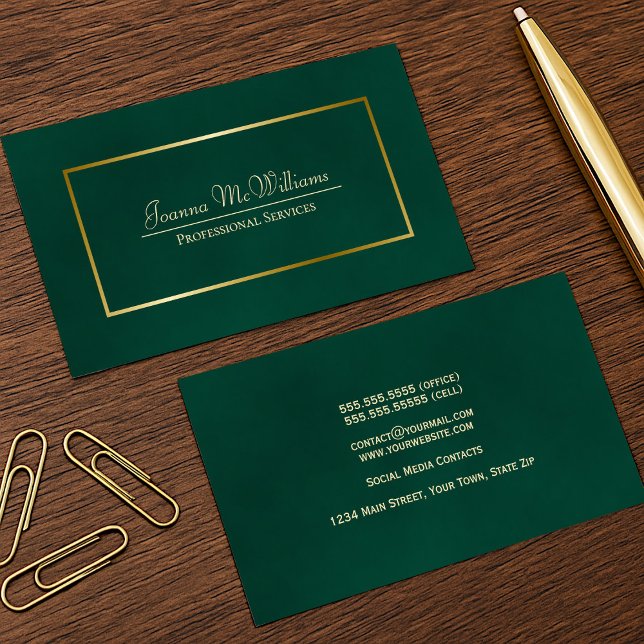Tarjeta De Visita Elegante Sencillo Esmeralda Verde y Profesional Or (Front/Back)