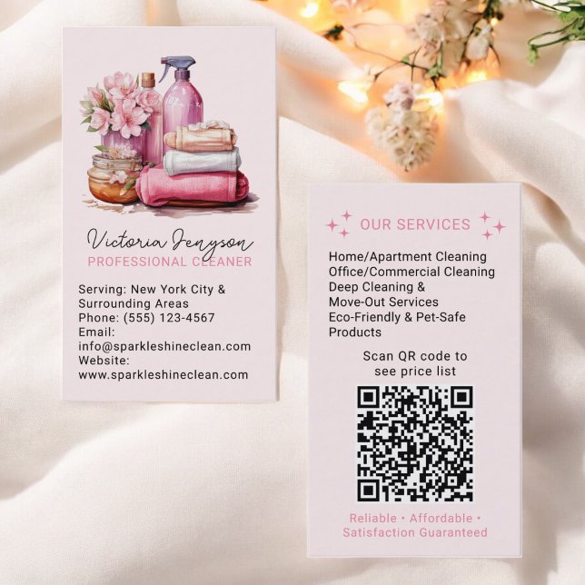 Tarjeta De Visita Elegante servicio de limpieza rosa código Qr Maid (Elegant Pink Cleaning Service Maid Qr Code Business Card)