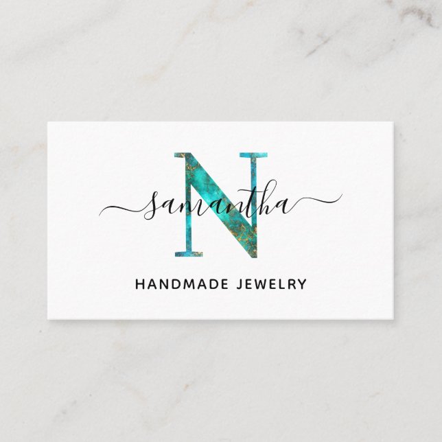 Tarjeta De Visita Elegante Signature Turquoise Gold N Monograma Logo (Anverso)
