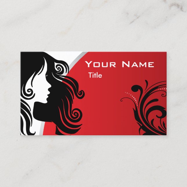 Tarjeta De Visita Elegante Silhouette Woman Hair Stylist | Rojo (Anverso)
