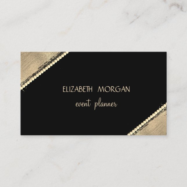 Tarjeta De Visita Elegante Simple Faux Gold, Negro, Perlas (Anverso)