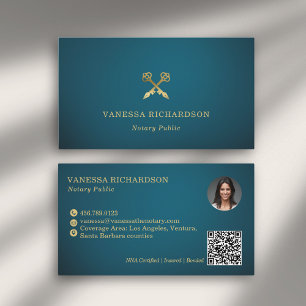 Tarjeta De Visita Elegante Skeleton azul y oro Notario público QR