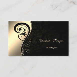 Tarjeta De Visita Elegante Sofisticado, Damasco Negro, Remolino Dora