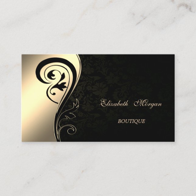 Tarjeta De Visita Elegante Sofisticado, Damasco Negro, Swirl Oro (Anverso)