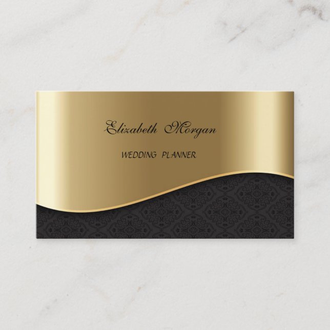 Tarjeta De Visita Elegante Sofisticado Faux Gold, Black Damask (Anverso)
