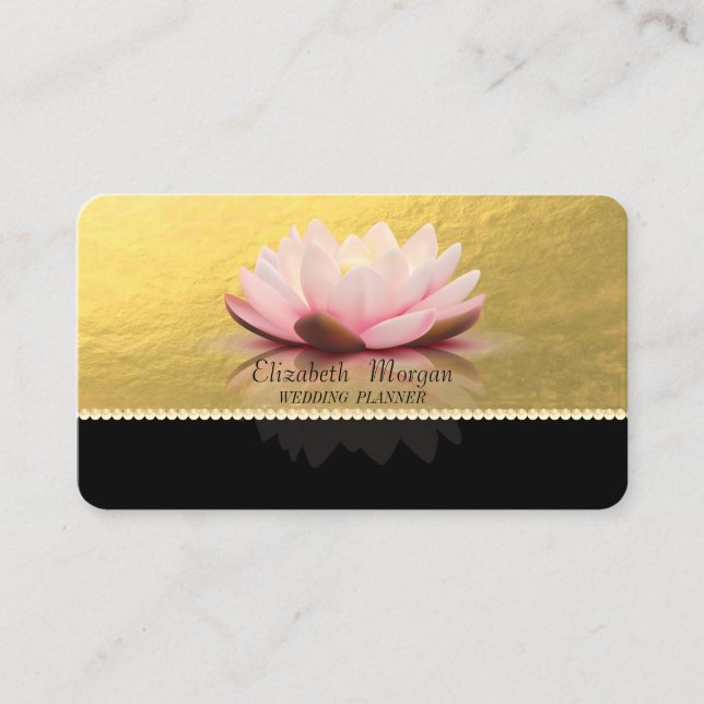 Tarjeta De Visita Elegante Sofisticado, Faux Gold, Perlas, Lotus (Anverso)