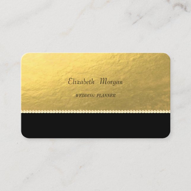 Tarjeta De Visita Elegante Sofisticado, Faux Gold, Perlas, Negro (Anverso)