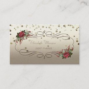 Tarjeta De Visita Elegante Sofisticado, Vintage, Flores, Confetti
