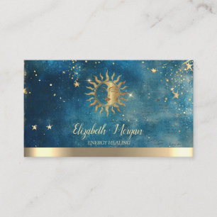 Tarjeta De Visita Elegante Sol Dorado Estrellas Acuarela Azul