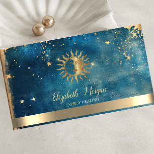 Tarjeta De Visita Elegante Sol Dorado Estrellas Acuarela Azul