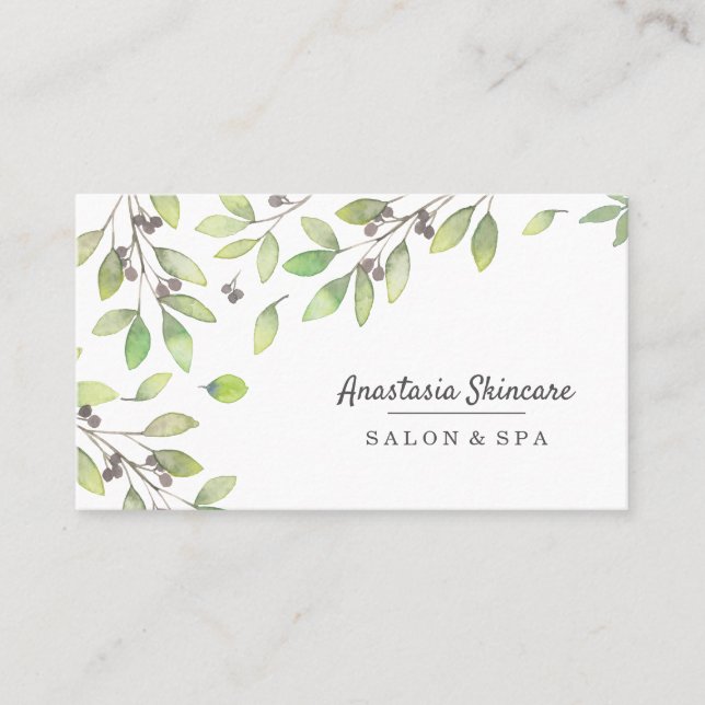 Tarjeta De Visita Elegante Spa Day y acuarela verde salón (Anverso)