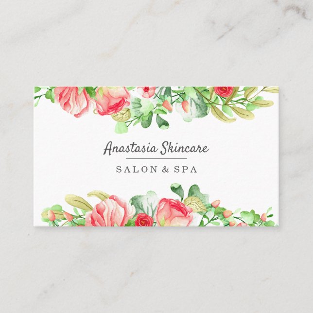 Tarjeta De Visita Elegante Spa Day y salon Flores rosadas acuarela (Anverso)
