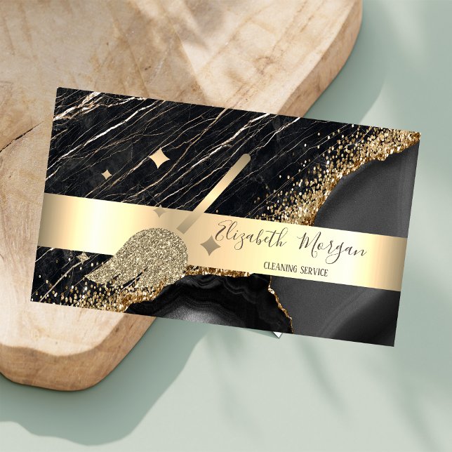 Tarjeta De Visita Elegante Stripe Black Marble Gold Sequins Broom (Subido por el creador)