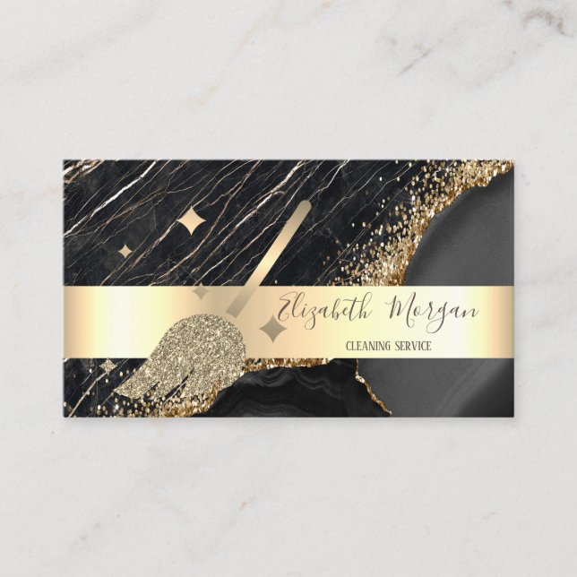 Tarjeta De Visita Elegante Stripe Black Marble Gold Sequins Broom (Anverso)