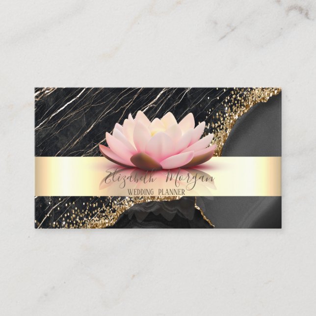 Tarjeta De Visita Elegante Stripe Lotus Black Marble Gold Sequins (Anverso)