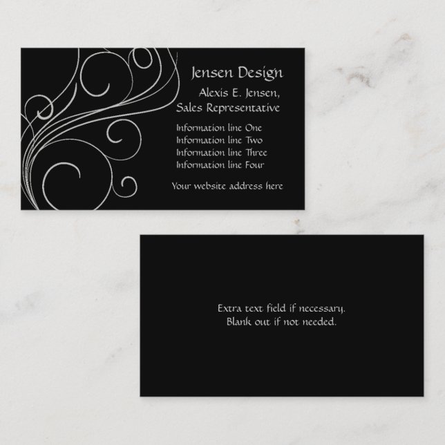 Tarjeta De Visita Elegante Swirl Black Silver (Anverso / Reverso)