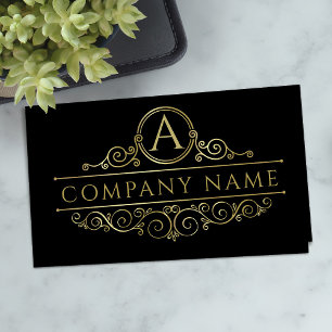 Tarjeta De Visita Elegante Swirl Monograma Gold sobre negro