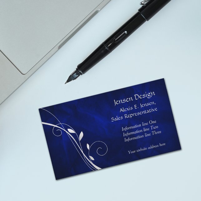Tarjeta De Visita Elegante Swirl Royal Blue Silver Leaf (Subido por el creador)
