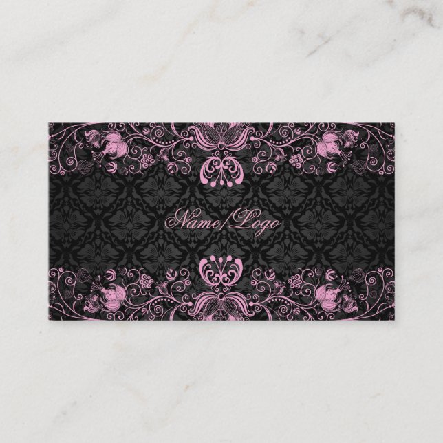 Tarjeta De Visita Elegante Swirls Floral Negra y Pastel Rosa (Anverso)
