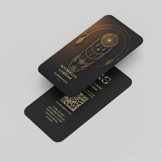Tarjeta De Visita Elegante Tarot Monograma Black Gold Dream Catcher (Elegant Modern Tarot Monogram Black Gold Business Card
)