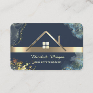 Tarjeta De Visita Elegante Techo de Casa de Oro Profesional Azul