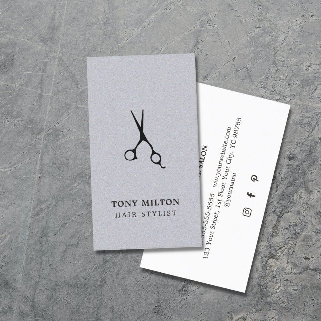Tarjeta De Visita Elegante Textura Gris Black Scissors Hairstylist (Subido por el creador)