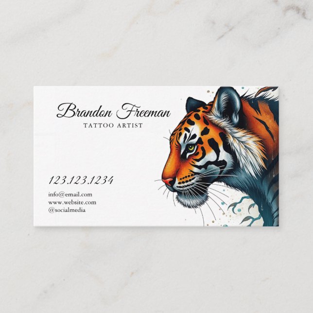Tarjeta De Visita Elegante tigre Naranja con tatuaje de hojas (Anverso)