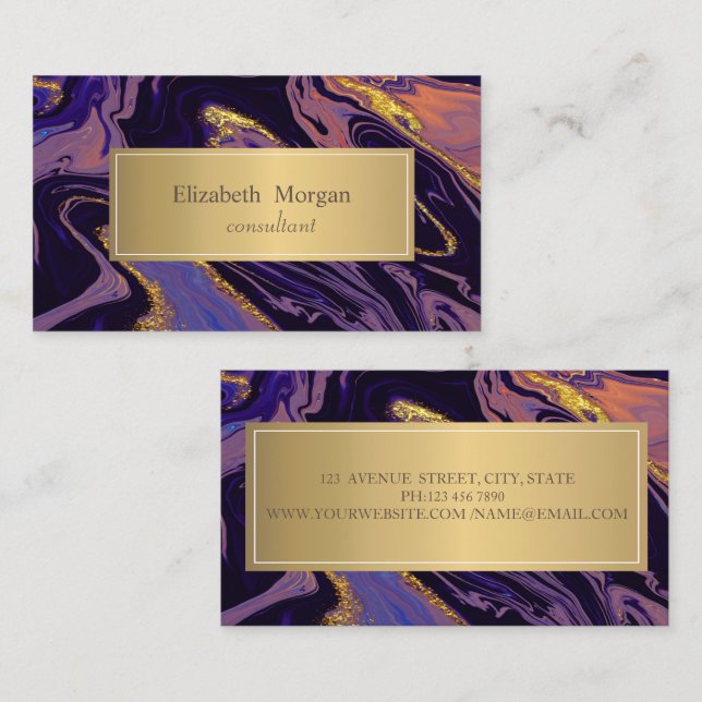 Tarjeta De Visita Elegante toque moderno de oro de mármol ocre (Anverso / Reverso)