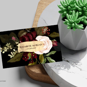 Tarjeta De Visita Elegante Trazo de Pincel Dorado,Flores Burdeos