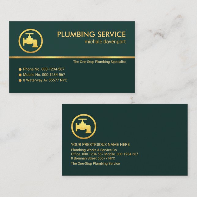 Tarjeta De Visita Elegante tubería verde de oro de esmeralda (Anverso / Reverso)
