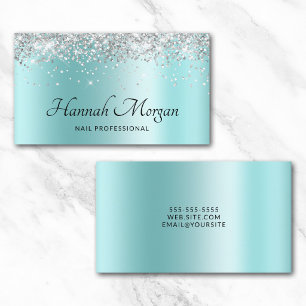 Tarjeta De Visita Elegante Turquesa Pálido Ombre Brillo Plateado