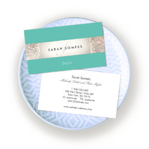 Tarjeta De Visita Elegante Turquoise FAUX Silver Sequin Monograma 2