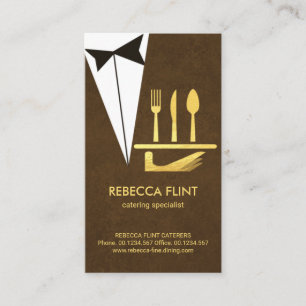 Tarjeta De Visita Elegante Tuxedo marrón Sirviendo Cubertería De Pla