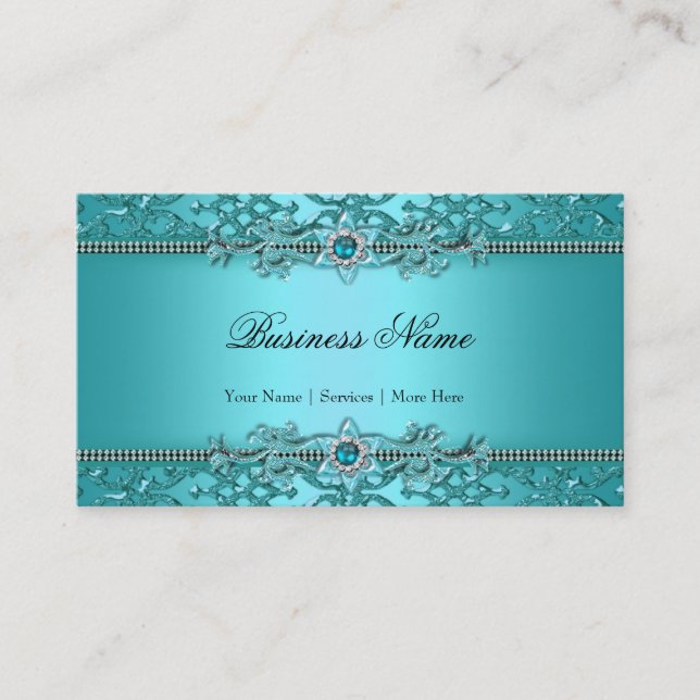 Tarjeta De Visita Elegante Verde azulado Blue Damask Grabado en reli (Anverso)