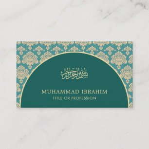 Tarjeta De Visita Elegante Verde azulado Damasco Arco Bismillah Islá