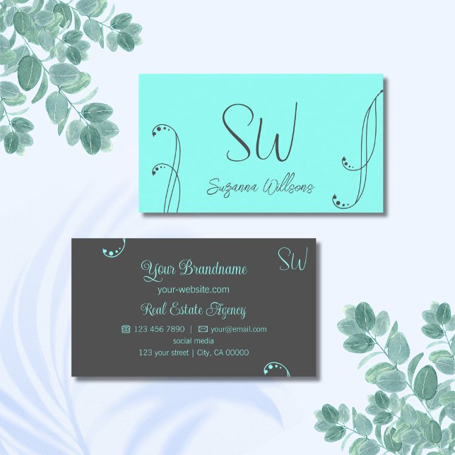 Tarjeta De Visita Elegante Verde azulado y moderno gris con monogram (Subido por el creador)