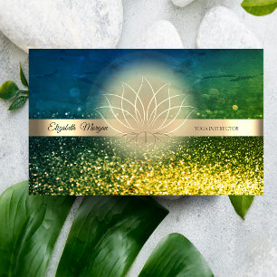 Tarjeta De Visita Elegante Verde Bokeh Dorado, Instructor de Yoga Lo