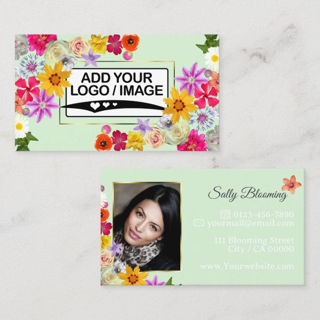 Tarjeta De Visita Elegante verde de flores silvestres con logo y fot (Anverso / Reverso)