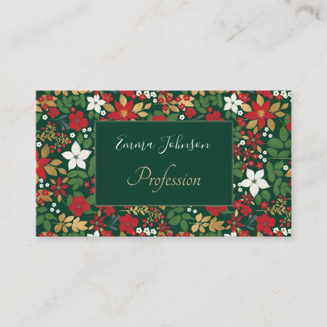 Tarjeta De Visita Elegante Verde Invierno Rojo Blanco Oro Patrón Flo (Anverso)