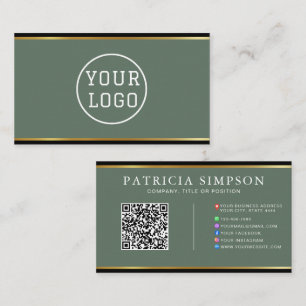 Tarjeta De Visita Elegante Verde Salvia Negro Dorado Código QR Profe