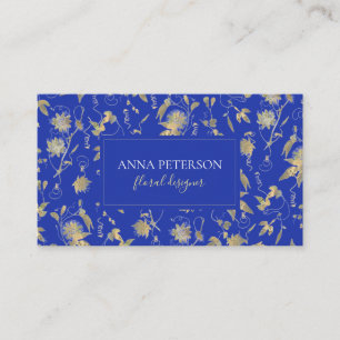 Tarjeta De Visita Elegante Vine Gold Passiflora en Royal Blue
