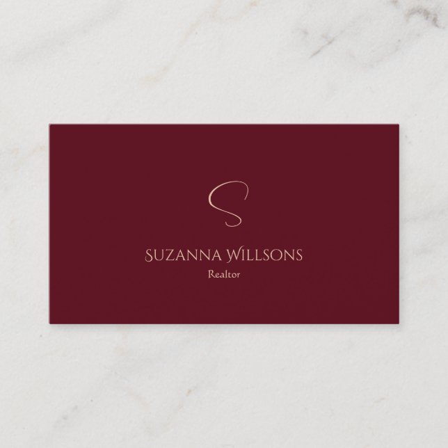 Tarjeta De Visita Elegante Vino de Llanura Rojo con Monograma Simple (Anverso)