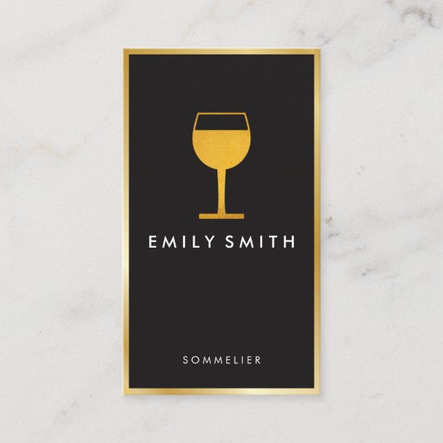 Tarjeta De Visita Elegante Vino Glass Faux Gold Border (Anverso)