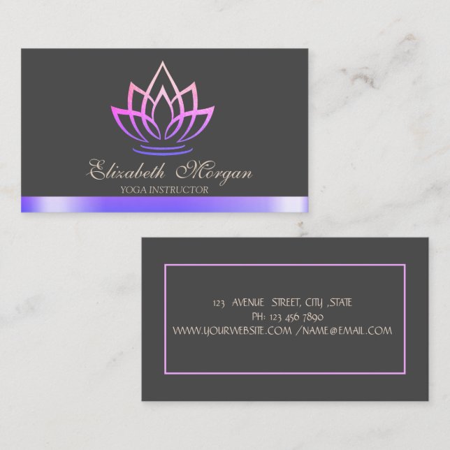Tarjeta De Visita Elegante Violet Lotus, instructor de yoga (Anverso / Reverso)